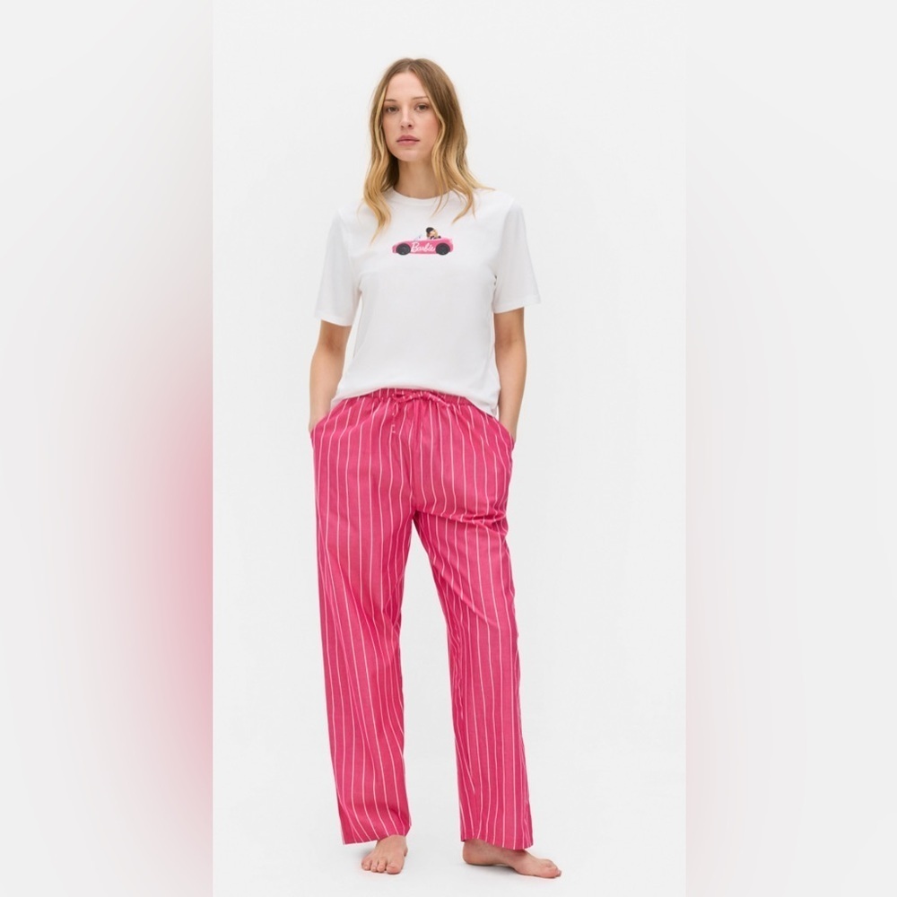 NWT Barbie Pink Striped Pajama Set Car Graphic Tee Top Pants Size XL